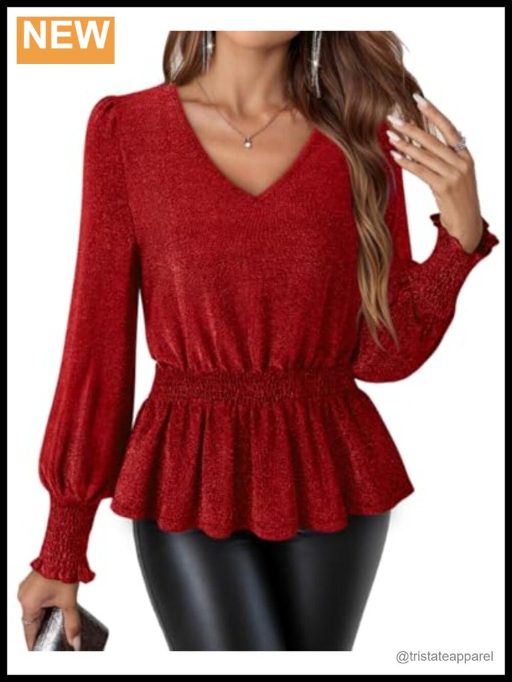 Dressy Peplum Blouse with Sparkly Glitter Fabric, Smocked Waist & Lantern